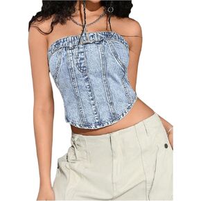 MakeMeChic Women's Denim Tube Crop Tops Strapless Backless Y2k Jean Jacket