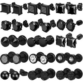 NEWITIN 15 Pairs Stainless Steel Black Earrings for Men Hypoallergenic Earring Unisex Punk Studs Inlaid Cubic Zirconia Men Earrings 8MM CZ Stud Earring Set for Women