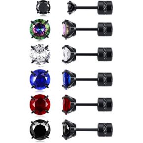 6 Pairs Titanium Earrings Studs: 4/6mm Double Round Cubic Zirconia Screw Backs Colored CZ Piercing Earrings for Men
