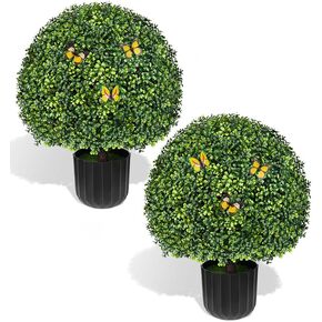 22 inch Artificial Lavender Topiary Trees with Boxwood, Set of 2 Artificial Outdoor Plants, UV Resistant for Front Porch, Patio, Indoor Office Greenery All Year Fake Tree Decor-Purple