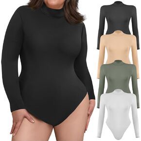 4 Pcs Women's Plus Size Long Sleeve Bodysuit Plus Size Mock Turtle Neck Basic Tops for Women Body Suit for Women