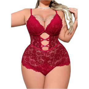 Milumia Women's Plus Size Cut Out Chain Floral Lace Lingerie Bodysuits