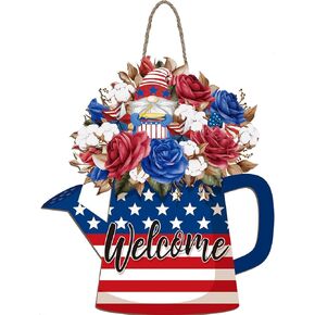 Lallisa 4th of July Door Sign Independence Day Welcome Sign American Wreath Door Decor Patriotic Door Hanger Memorial Day Decorations for Office Home Farmhouse Party Supplies