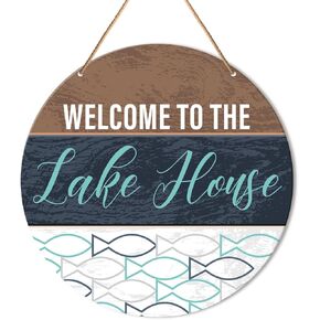 Lake House Welcome Sign Front Door Decor, Summer Lake Round Hanging Sign Decor Lake Wall Decorations Wood Sign for Door, Porch, Home, Housewarming Gift for Lake House, Welcome To The Lake House