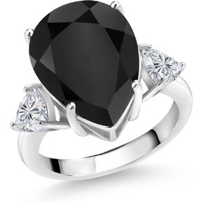 Gem Stone King 925 Sterling Silver Black Onyx and Lab Grown Diamond Engagement Ring For Women | 8.11 Cttw | Pear Shape 16X12MM and Trillion 5MM | Gemstone Birthstone | Available in Size 5,6,7,8,9