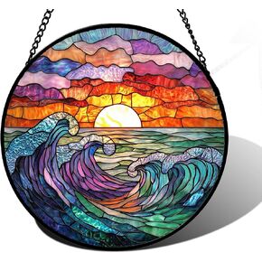 Stained Glass Window Hanging, Clouds and Sea Waves Suncatcher Diamond Glass Panel Hangings Scenery Sun Catchers Decor for Birthday for Women, Men, Wife, Aunt, and Mom 7.8 in
