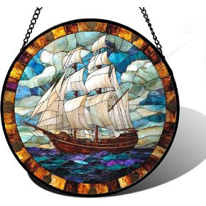 Stained Glass Window Hanging, Sailing Ocean Sun Catchers Glass Panel Navigation Suncatcher Decor for Birthday for Women, Men, Wife, Aunt, and Mom 7.8 in