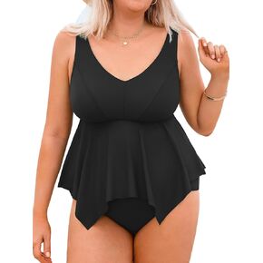 CUPSHE Women's Plus Size Tankini Sets V Neck High Waisted Adjustable Straps Asymmetric Flowy Hem