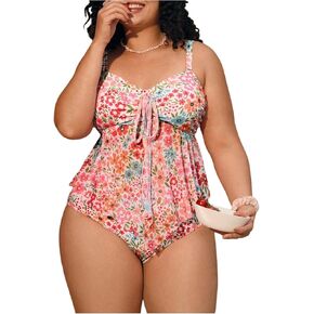 Verdusa Women's Plus Size 2 Piece Floral Tankini Set Bow Tie Babydoll Tops with Bottoms Swimsuit