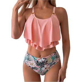 Women's 2 Piece Tankini Swimsuit Boho Floral Print Ruffle High Waisted Bathing Suit