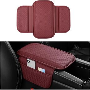 Car Center Console Cover, Leather Vehicle Armrest Cushion with 2 Storage Bags, Automotive Interior Arm Rest Seat Box Pad Accessories, Universal for SUV, Sedan, Truck (Brown)