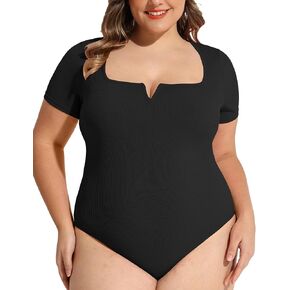 FOREYOND Plus Size Short Sleeve Bodysuits for Women V-Neck Body Suits Shirts Casual Basic Fitted Tops Leotards Summer