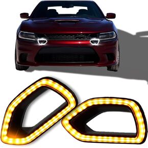 أبيض/العنبر LED LED Grille Light LED النهار تشغيل الإشارة إلى تسلسل الإرشاد المتوافقة مع الإكسسوارات المتوافقة مع 2015-2019 Dodge Charger SRT/SCAT Pack ، 2017-2019 دودج تشارجر دايتونا