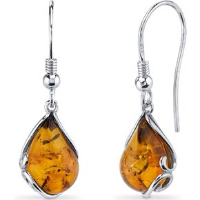 Peora Genuine Baltic Amber Teardrop Earrings for Women 925 Sterling Silver, Rich Cognac Color, Fishhooks, Real Baltic Amber Earrings for Adults, 100% Natural from Baltic Region, w/Jewelry Box