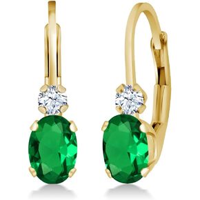 GEM Stone King 14K الذهب الأصفر الذهب الأخضر النانو الزمرد والأبيض خلق الياقوت | 0.88 CTTW | الأحجار الكريمة قد الولادة | بيضاوي 6x4mm ، جولة 2mm | 3/4 بوصة أقراط ليفراك للنساء