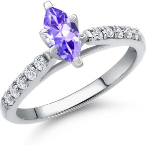 Gem Stone King 10K White Gold 8X4MM Marquise Cut Gemstone Birthstone and White Lab Grown Diamond Engagement Ring For Women | Gold Ring For Women | Available in Size 5,6,7,8,9