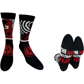 Hyp “Sock Talk" Marvel The Daredevil – 1 pair Men's Black Crew Socks – Daredevil with Logo - Bottom Sole Text: The Man Without Fear Men’s Shoe Size 6-12.