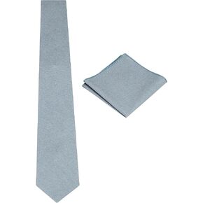 Mens Solid Linen Tie Set : Slim Necktie with Matching Pocket Square (Dusty Blue)