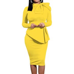 Peplum Club Flattering Ruffle Pencil Outfit Party Pastel Formal Yellow 2XL