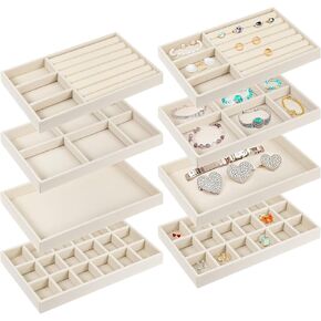 8 Set Velvet Stackable Jewelry Tray 8.3"x5"x1" Jewelry Organizer Jewelry Drawer Inserts Divided Necklace Storage Holder Bracelet Display Container for Earring Ring Brooch Watch, Beige
