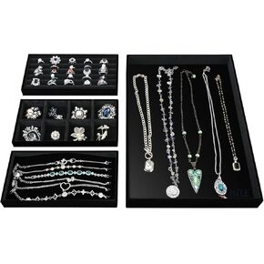 MOOCA Jewelry Organizer Tray Set, Multifunctional Storage for Rings, Necklaces, Earrings, and Bracelets, 13.9W x 9.5D x 1.2H in, Black Velvet