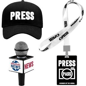 مجموعة ملحقات أزياء مراسل الصحفي ، Press Hat Pass Microphone Prop for Halloween Dress Up Career Day Party (News Reporter 01)