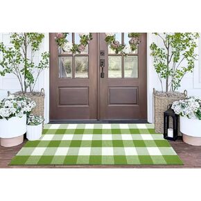 Green and White Front Porch Rug 2'X4.3'Buffalo Plaid Checked Outdoor Rug Cotton Woven Washable Layering Door Mat for Welcome Mat Entryway Bedroom Living Room