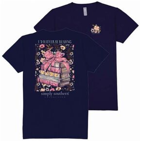 Simply Southern I'd Rather Be Reading - Floral Book - Youth T-Shirt, Navy Blue