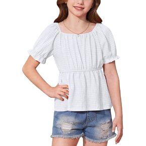 BesserBay Girls Summer Square Neck Puff Short Sleeve Top Peplum Babydoll Woven Shirt Off Shoulder Blouse 6-14 Years