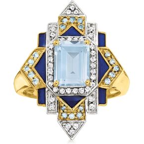 Ross-Simons 2.10 ct. t.w. London Blue, Sky Blue and White Topaz Ring With Blue Enamel in 18kt Gold Over Sterling. Size 7