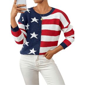 SweatyRocks Women's American Flag Sweater USA Star Striped Knit Sweater Crew Neck Pullover Long Sleeve Top