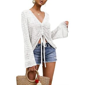 Spicy Sandia Women's Crochet Tops Tie Front Summer Sweater Bell Sleeve Boho Tops Beach Vacation Outfit Swimsuit Cover Up