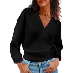 Women's Summer V Neck Wrap Sweater Pullovers 3/4 Sleeve Tie Side Lightweight Beach Knitted Tops