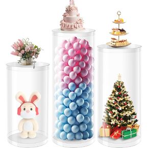 Cylinder Pedestal Stands for Party – 3 Pcs Clear Acrylic Display Pedestals for Wedding, Birthday, Party and Event Decoration – 35.4''H, 29.5''H, 23.6''H