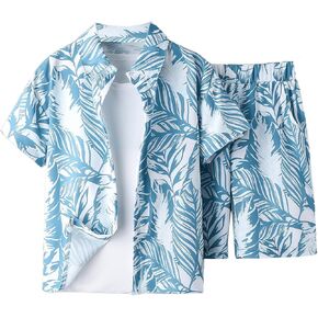 SweatyRocks Boy's Hawaiian 2 Piece Outfits Button Down Shirts and Shorts Sets Tropical Print Summer Beach Clothes