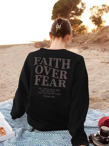 FRYAID Christian Sweatshirt Women Faith Over Fear Christian Religious Sayings Pullover Shirt Letter Print Long Sleeve Tops in Kuwait