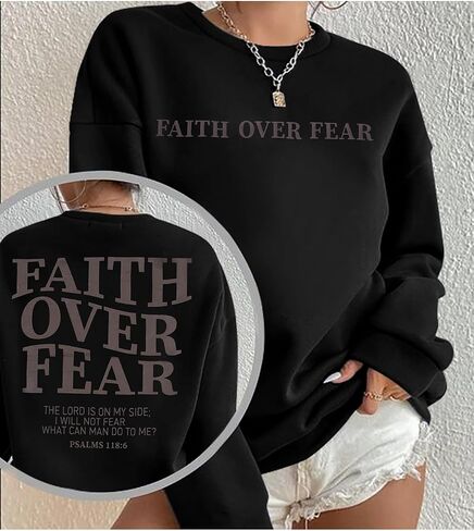 FRYAID Christian Sweatshirt Women Faith Over Fear Christian Religious Sayings Pullover Shirt Letter Print Long Sleeve Tops in Kuwait