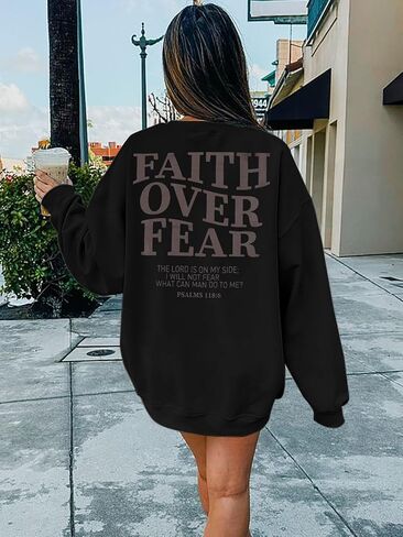 FRYAID Christian Sweatshirt Women Faith Over Fear Christian Religious Sayings Pullover Shirt Letter Print Long Sleeve Tops in Kuwait
