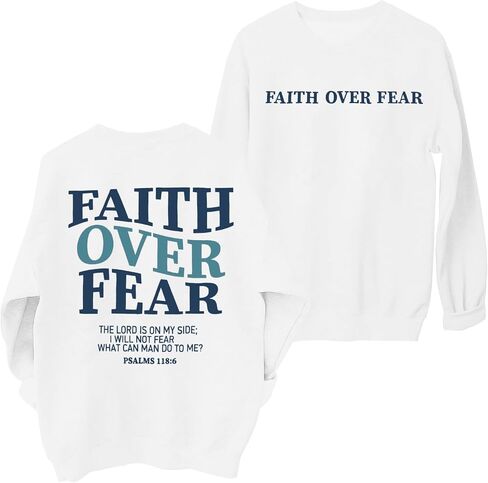 FRYAID Christian Sweatshirt Women Faith Over Fear Christian Religious Sayings Pullover Shirt Letter Print Long Sleeve Tops in Kuwait