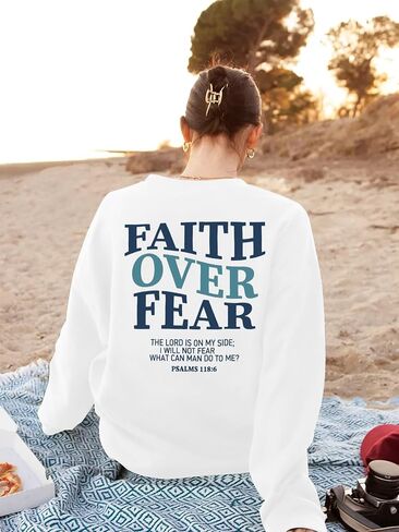 FRYAID Christian Sweatshirt Women Faith Over Fear Christian Religious Sayings Pullover Shirt Letter Print Long Sleeve Tops in Kuwait
