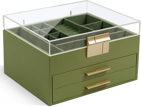 KAMIER Jewelry Box with Acrylic Lid, 3-Layer Jewelry Organizer, 2 Drawers, for Big and Small Jewelry, Earrings, Rings, Necklaces, Bracelets - Gift for Women and Girls, White in Kuwait