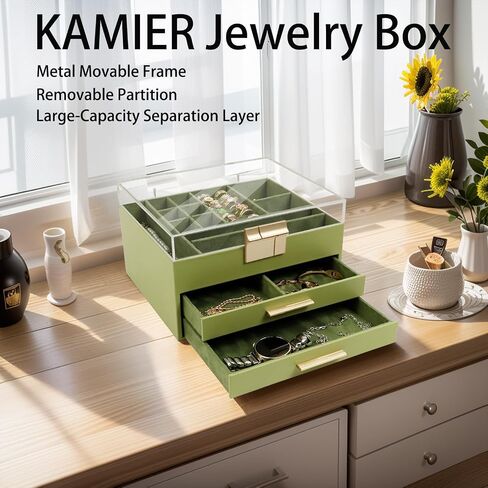 KAMIER Jewelry Box with Acrylic Lid, 3-Layer Jewelry Organizer, 2 Drawers, for Big and Small Jewelry, Earrings, Rings, Necklaces, Bracelets - Gift for Women and Girls, White in Kuwait