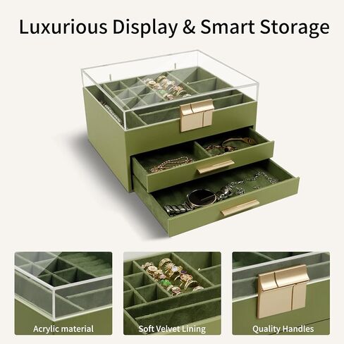 KAMIER Jewelry Box with Acrylic Lid, 3-Layer Jewelry Organizer, 2 Drawers, for Big and Small Jewelry, Earrings, Rings, Necklaces, Bracelets - Gift for Women and Girls, White in Kuwait