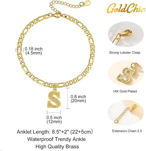 GOLDCHIC JEWELRY Initials Anklets for Women, Personalized 4.5MM Gold Figaro Chain Letter Ankle Bracelets Summer Jewelry, 22-27cm Length in Saudi Arabia