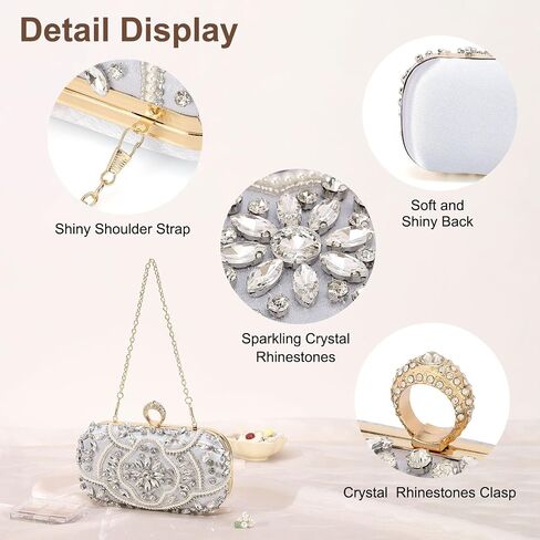 Evening Bags Clutch Purses for Women Formal, Beaded Clutch Rhinestone Handbags Shoulder Bag with Chain Sparkly for Wedding Bride Guest Party Silver in Saudi Arabia