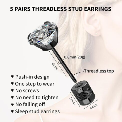 5 pairs Surgical Stainless Steel Stud Earrings Push-in Threadless Flat Back Stud Earrings Hypoallergenic Cubic Zirconia Earrings Studs Set Multi-Pack, CZ Studs Earrings Trendy Cartilage Stud Earrings 3-8mm for Women Men in Saudi Arabia