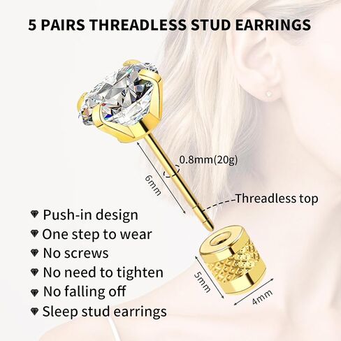 5 pairs Surgical Stainless Steel Stud Earrings Push-in Threadless Flat Back Stud Earrings Hypoallergenic Cubic Zirconia Earrings Studs Set Multi-Pack, CZ Studs Earrings Trendy Cartilage Stud Earrings 3-8mm for Women Men in Saudi Arabia