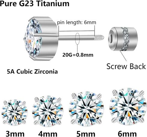 Hopply Hypoallergenic G23 Pure Titanium Earrings, 20G Implant Grade Flatback 5A Cubic Zirconia Earrings Studs, Suitable for Women Men Sensitive Ears Jewelry Gift in Saudi Arabia