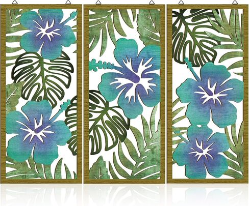 Threehoney 3 Pcs Tropical Wall Decor 3D Wooden Palm Leaf Wall Art Minimalist Monstera Wall Sculptures Wood Hibiscus Flowers Hanging Decor Vintage Plant Plaque for Home Bathroom Office (Floral Style) in Saudi Arabia