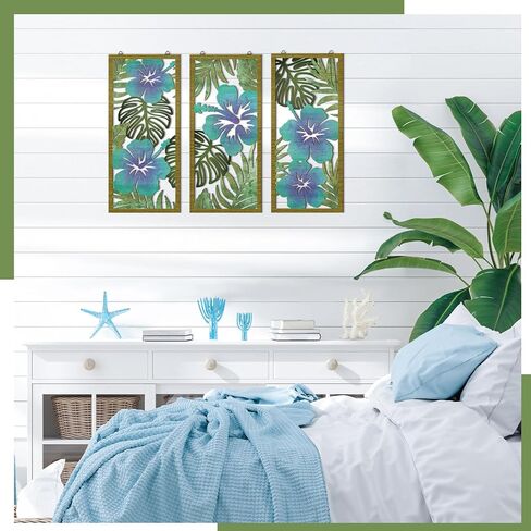 Threehoney 3 Pcs Tropical Wall Decor 3D Wooden Palm Leaf Wall Art Minimalist Monstera Wall Sculptures Wood Hibiscus Flowers Hanging Decor Vintage Plant Plaque for Home Bathroom Office (Floral Style) in Saudi Arabia